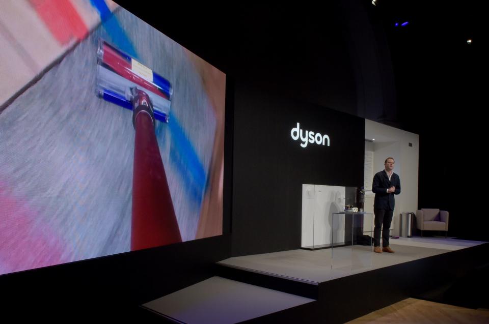 British inventor James Dyson's son Jake Dyson, Chief engineer at Dyson presents the company's new model of vacuum cleaner in Paris on March 6, 2018. / AFP PHOTO / ERIC PIERMONT        (Photo credit should read ERIC PIERMONT/AFP/Getty Images)