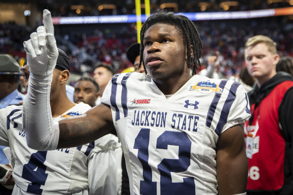FILE - Then-Jackson State cornerback Travis Hunter gestures after the Celebration Bowl NCAA college football game against North Carolina Central Saturday, Dec. 17, 2022, in Atlanta. Hunter now plays at Colorado. Colorado opens their season at TCU on Sept. 2. (AP Photo/Hakim Wright Sr., File)