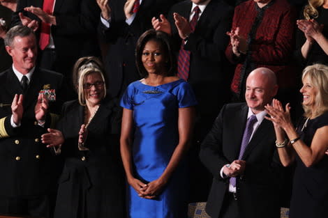 Michelle Obama wore a blue Barbara Tfank dress to the State of the Union address.