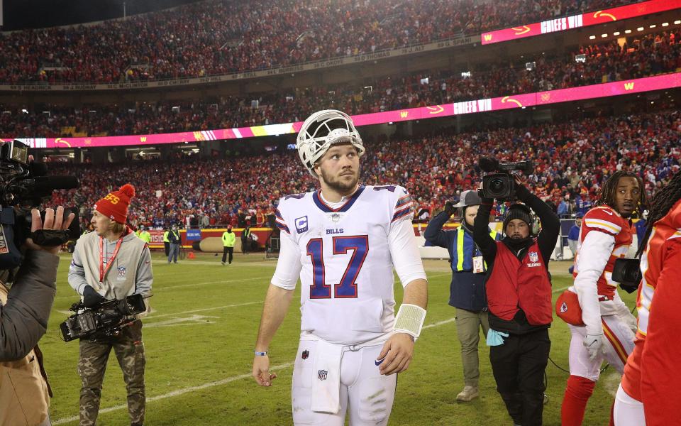 Josh Allen leaves the field after the Buffalo Bills' 42-36 overtime loss to the Kansas City Chiefs.