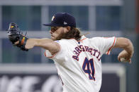Houston Astros starting pitcher Spencer Arrighetti throws against the Cleveland Guardians during the first inning of a baseball game Thursday, May 2, 2024, in Houston. (AP Photo/Michael Wyke)
