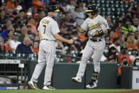 Oakland Athletics' Ramon Laureano, right, celebrates his two-run home run with third base coach Mark Kotsay during the fifth inning of a baseball game against the Houston Astros, Saturday, April 10, 2021, in Houston. (AP Photo/Eric Christian Smith)