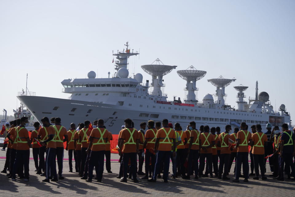 Yuan Wang 5, a Chinese scientific research ship, arrives at the port in Hambantota, Sri Lanka, Tuesday, Aug. 16, 2022. The ship, whose port call was earlier deferred due to apparent security concerns raised by India, was to arrive originally on Aug. 11 but Sri Lanka's foreign ministry asked it postponed until further consultations took place. China has been vying to expand its influence in Sri Lanka, which sits along one of the busiest shipping routes in what India considers part of its strategic backyard. (AP Photo/Eranga Jayawardena)