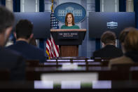 White House press secretary Jen Psaki speaks during a press briefing at the White House, Monday, Jan. 25, 2021, in Washington. (AP Photo/Evan Vucci)