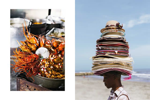 <p>Sofia Jaramillo</p> From left: Fresh-cooked seafood at Cartagena’s open-air Bazurto Market; a hat vendor on Marbella Beach, in Cartagena.