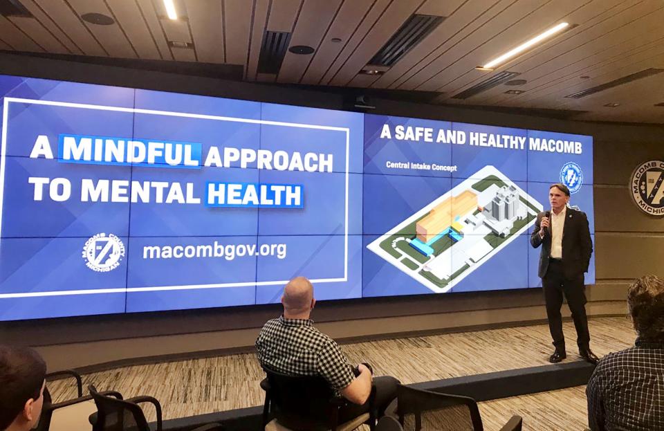 Macomb County Executive Mark Hackel discusses May 11, 2023, a proposed $228 million central intake center at the county jail complex in Mount Clemens that would have services for those brought to the lockup with mental health and substance abuse issues.