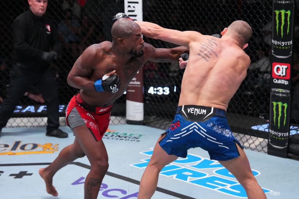 LAS VEGAS, NEVADA – OCTOBER 07: (L-R) Bobby Green punches Grant Dawson in a lightweight fight during the UFC Fight Night weigh-in at UFC APEX on October 07, 2023 in Las Vegas, Nevada. (Photo by Al Powers/Zuffa LLC via Getty Images)