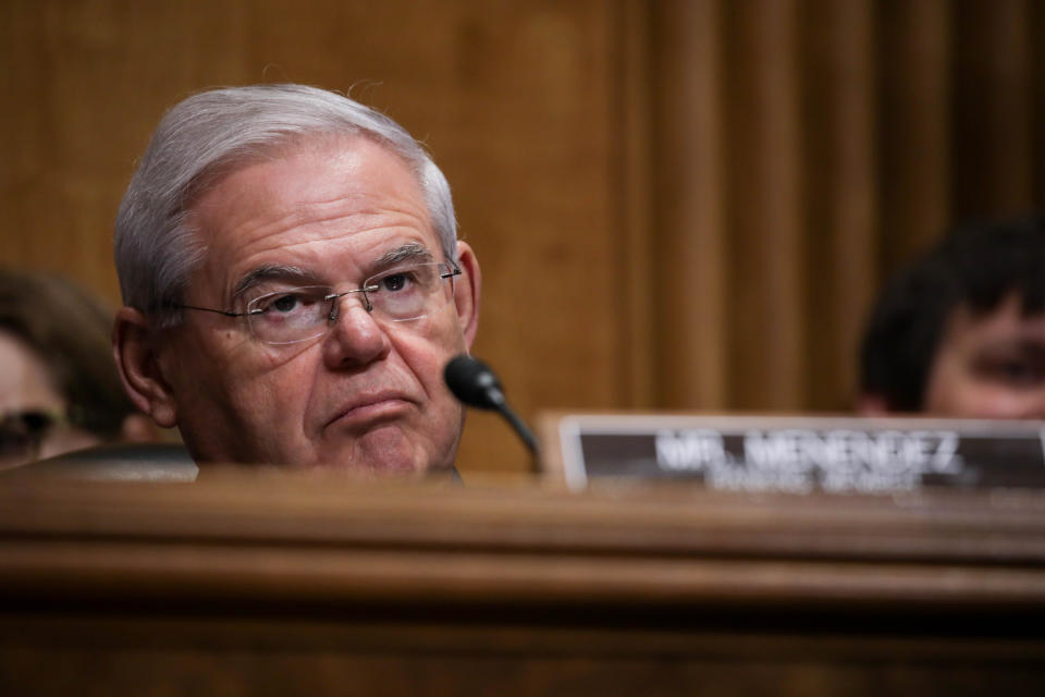 WASHINGTON - UNITED STATES - MARCH 11: Senator Robert Menendez, a Democrat from New Jersey and ranking member of the Senate Foreign Relations Committee  testimony during a hearing about "Nine Years of Brutality: Assad's Campaign Against the Syrian People.â March 11, 2020 in Washington, DC (Photo by Yasin Ozturk/Anadolu Agency via Getty Images)