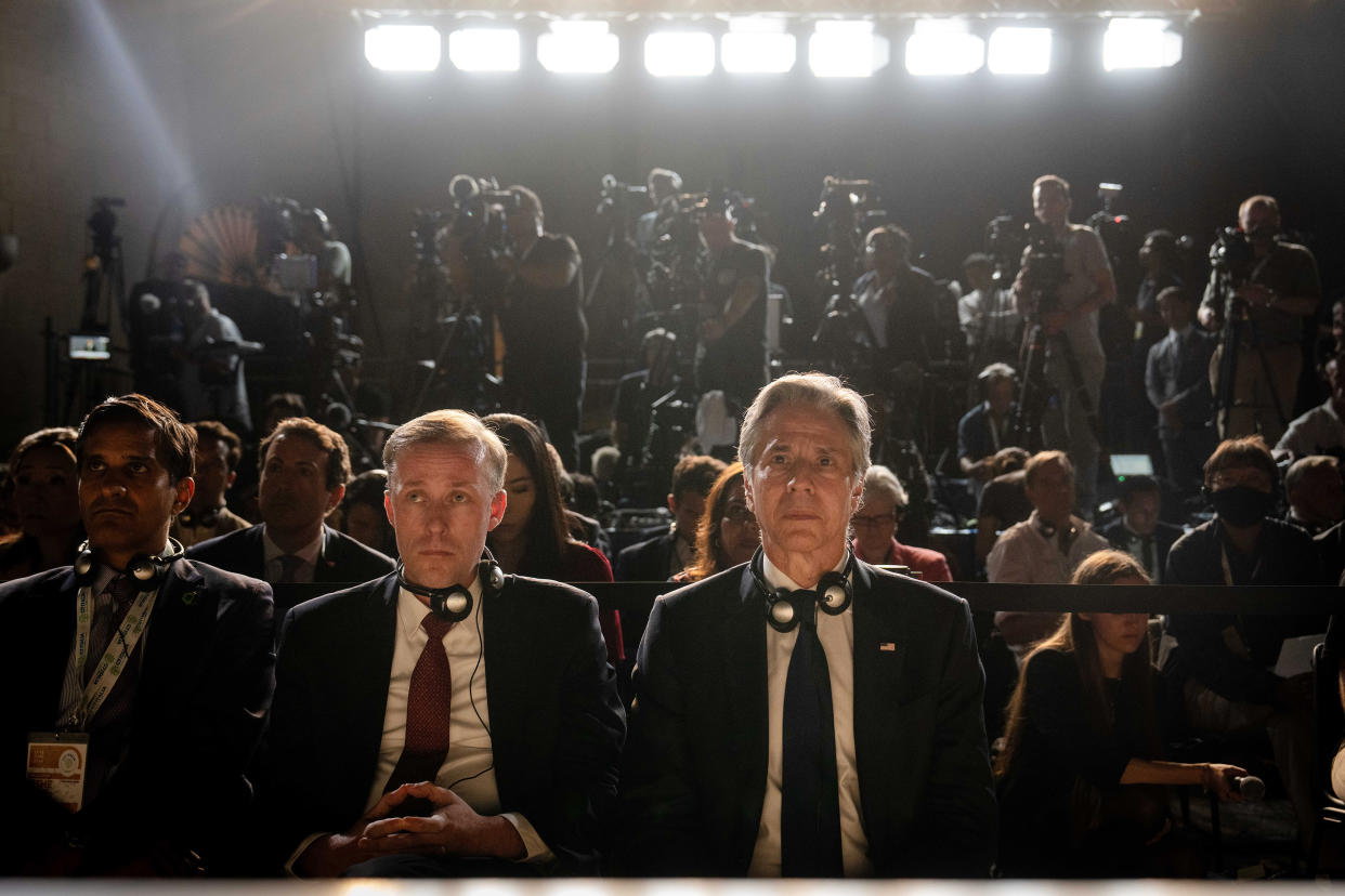 Jake Sullivan, second from left, the U.S. national security adviser, and Secretary of State Antony Blinken look on as President Joe Biden and President Volodymyr Zelenskyy of Ukraine speak to reporters at a news conference during the G7 Summit in Savelletri, Italy on June 13, 2024. (Erin Schaff/The New York Times)