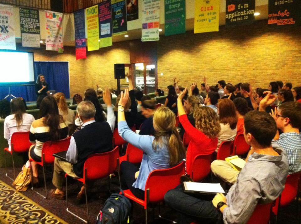 This Oct. 24, 2012 photo provided by Franklin & Marshall College shows Lindsey Pollak, an official ambassador for LinkedIn, consultant and author, speaking to students and alumni in a life skills workshop about leveraging social media for professional success, in Lancaster, Pa. Franklin & Marshall is one of a number of colleges doing more to emphasize career preparation for students. In addition to launching life skills workshops, the school has revamped career services and increased on-campus recruiting. (AP Photo/ Franklin & Marshall College/Office of College Communications)