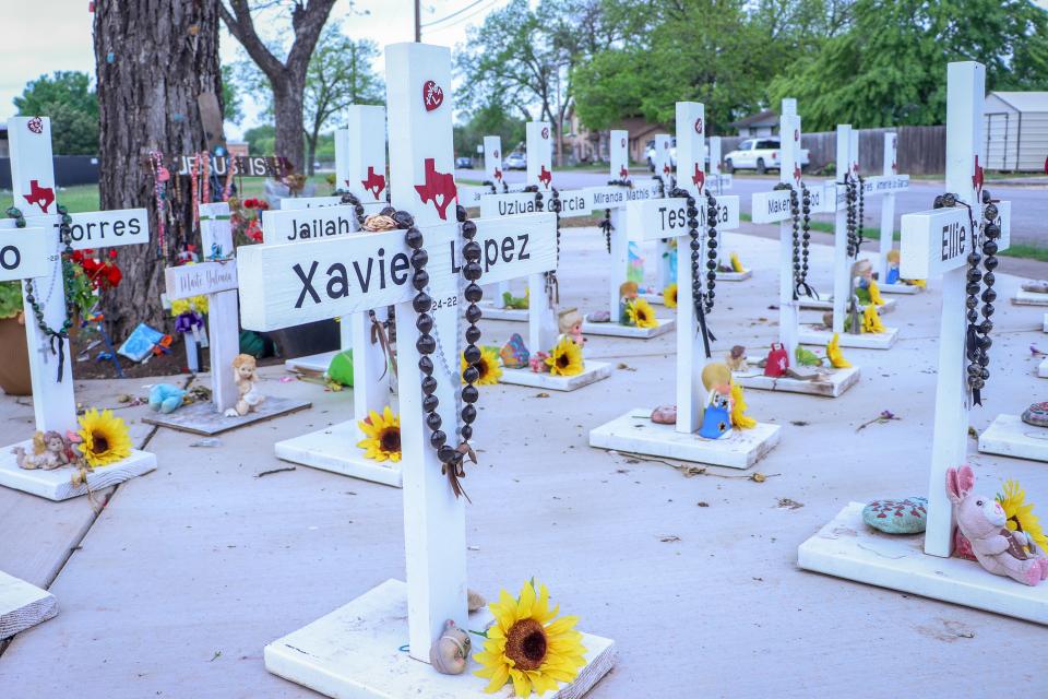A memorial stands in Uvalde, Texas, where where 19 students and two teachers were killed in a mass shooting at Robb Elementary School.