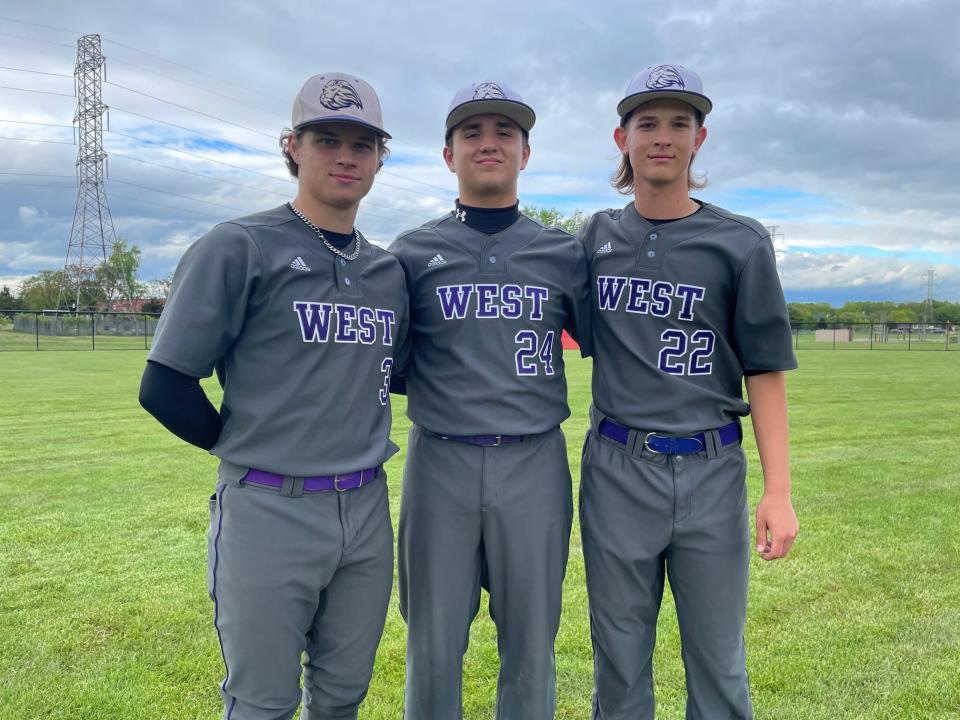 Cherry Hill West pitchers (from left) Jaxon Casdia, Zach Smith and Austin Hanni pitched the Lions to a 5-4 victory over Lenape in the 49th annual Joe Hartmann Diamond Classic on May 2, 2022.