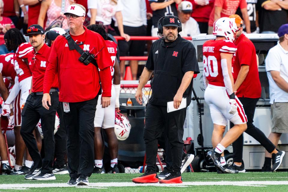 Sep 7, 2024; Lincoln, Nebraska, USA; Nebraska Cornhuskers head coach Matt Rhule on the sideline during the first quarter against the Colorado Buffaloes at Memorial Stadium. Mandatory Credit: Dylan Widger-Imagn Images