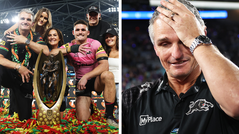 Ivan Cleary (pictured right) admitted it is sad to see James Fisher-Harris and Jarome Luai leave the club, while sharing a lovely moment with Nathan Cleary and his family. (Getty Images)