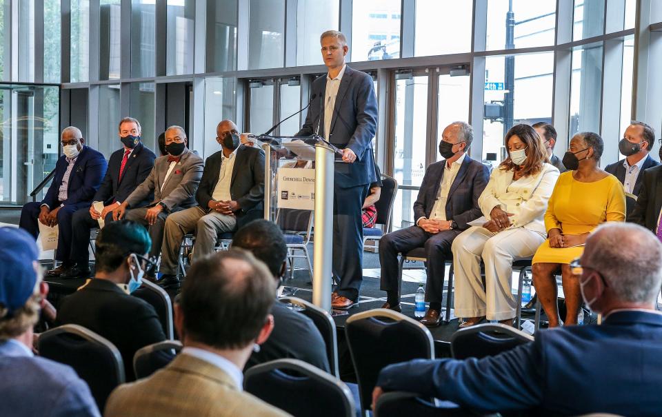 Bill Carstanjen, CEO of Churchill Downs Incorporated, speaks during a press conference announcing Derby City Gaming Downtown. Sept. 30, 2021