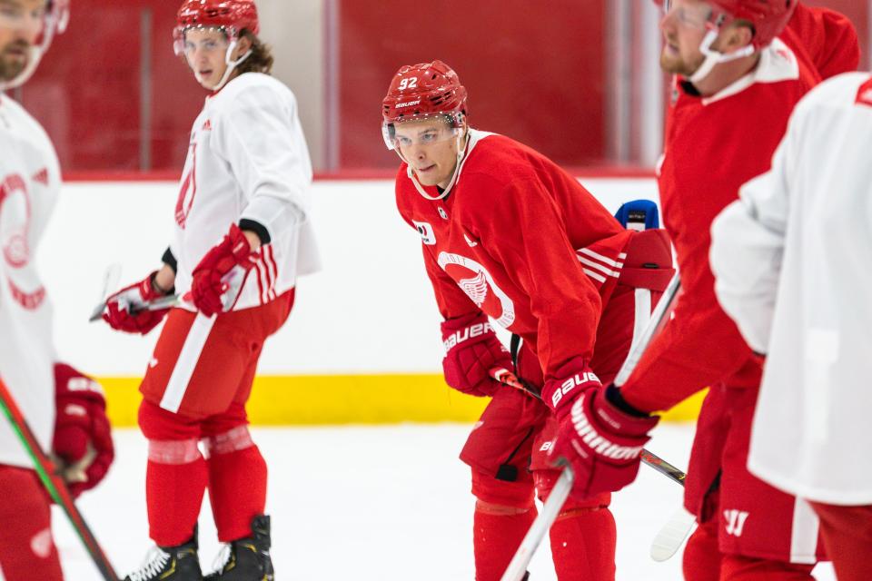 Detroit Red Wings' Vladislav Namestnikov during the first training camp practice at the Little Caesars Arena practice rink, Jan. 1, 2021.