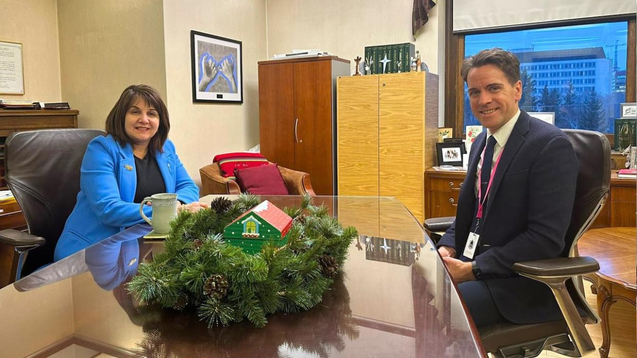 Adriana LaGrange, Alberta's health minister, left, met with Rob Roth, president of the College of Naturopathic Doctors of Alberta, earlier this week. The health minister's office says LaGrange has heard requests from many stakeholders over the past months. (AdrianaLaGrange/X - image credit)