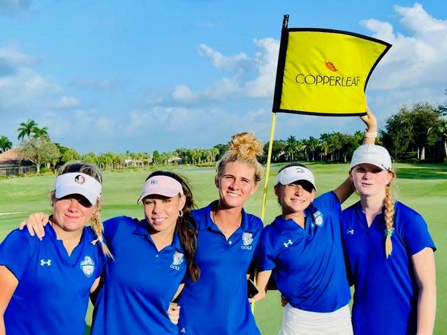 Barron Collier's girls golf team after taking first place in the Girls CCAC Championship at Copperleaf, Oct. 2, 2023. Pictured: Kate Freshwater (FR), Rachel Tomodon (SR), Brandy Singleton (JR), Hayden Nason (FR), Josie Harrington (JR).