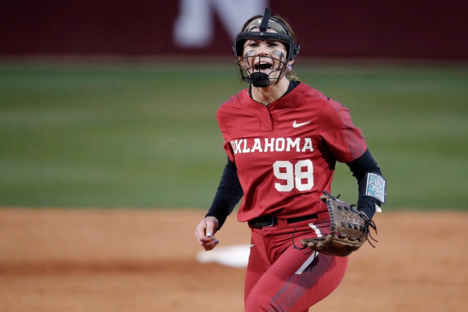Oklahoma pitcher Jordy Bahl (98) celebrates after an out during a college softball game between the University of Oklahoma Sooners (OU) and the South Dakota State Jackrabbits at Marita Hynes Field in Norman, Okla., Monday, March 13, 2023. Oklahoma won 8-0 in five innings. 