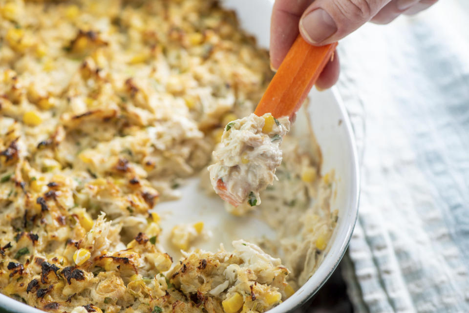 A recipe for Hot Crab and Corn Dip is displayed in New York. (Cheyenne M Cohen via AP)