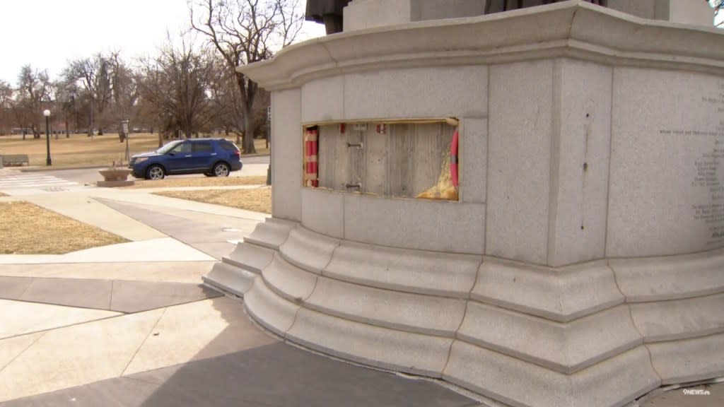 Damage to a recently vandalized Martin Luther King Jr. memorial statue in Denver, Colorado is shown. Bronze artworks stolen from the memorial, plus seven bronze pieces taken from a nearby fountain, were recovered after being sold to a scrap metal business. (Photo: Screenshot/YouTube.com/9NEWS)