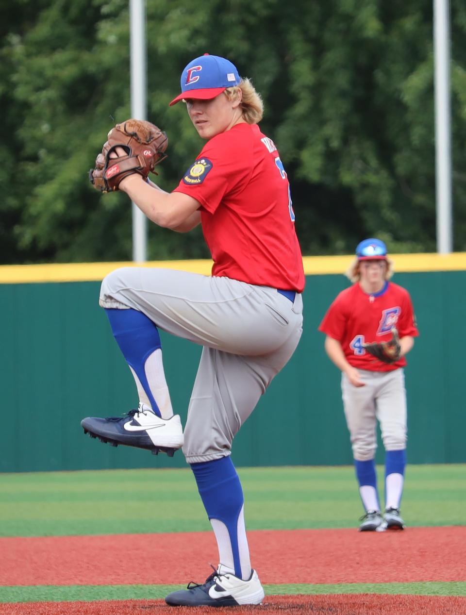 Cambridge Post 84 ace Jake Valentine (7) prepares to deliver a pitch during American Legion district action with Beverly-Lowell on Monday at Marietta College's Don and Sue Schaly Field.