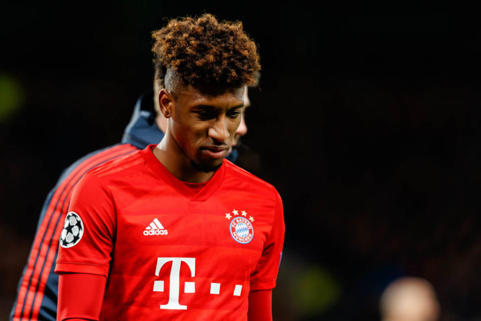 LONDON, ENGLAND - FEBRUARY 25: (BILD ZEITUNG OUT) Kingsley Coman of FC Bayern Muenchen looks on during the UEFA Champions League round of 16 first leg match between Chelsea FC and FC Bayern Muenchen at Stamford Bridge on February 25, 2020 in London, United Kingdom. (Photo by Roland Krivec/DeFodi Images via Getty Images)