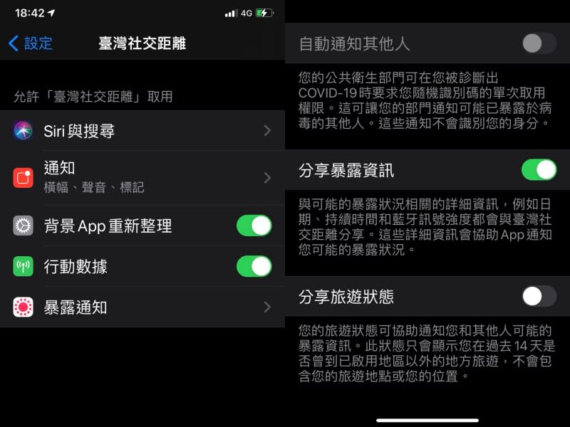 台灣社交距離App使用者如果願意分享足跡，可以在系統設定中，開啟暴露通知，將會自動通知他人與分享旅遊狀態，但不會包含旅遊地點或位置。