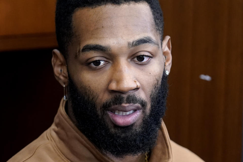 New England Patriots cornerback Jalen Mills faces reporters in the NFL football team's locker room, Monday, Jan. 9, 2023, at Gillette Stadium, in Foxborough, Mass. The Patriots' season ended following their loss to the Buffalo Bills in Buffalo, Sunday, Jan. 8. (AP Photo/Steven Senne)