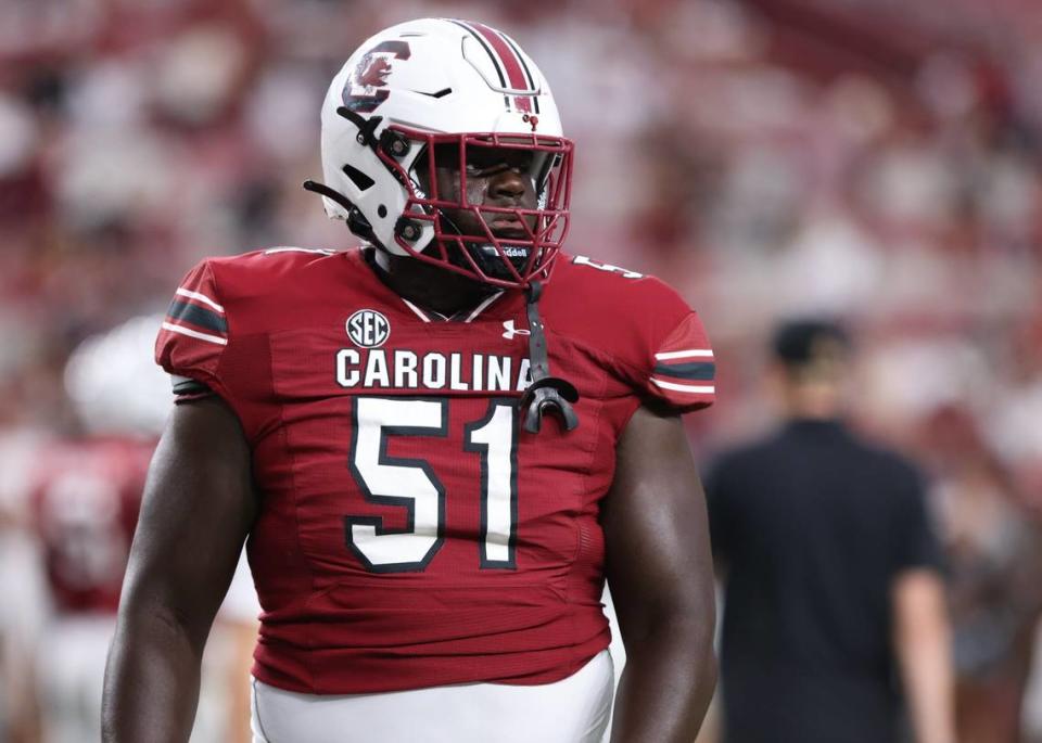 South Carolina true freshman Tree Babalade (51) has claimed the Gamecocks’ starting left tackle position.