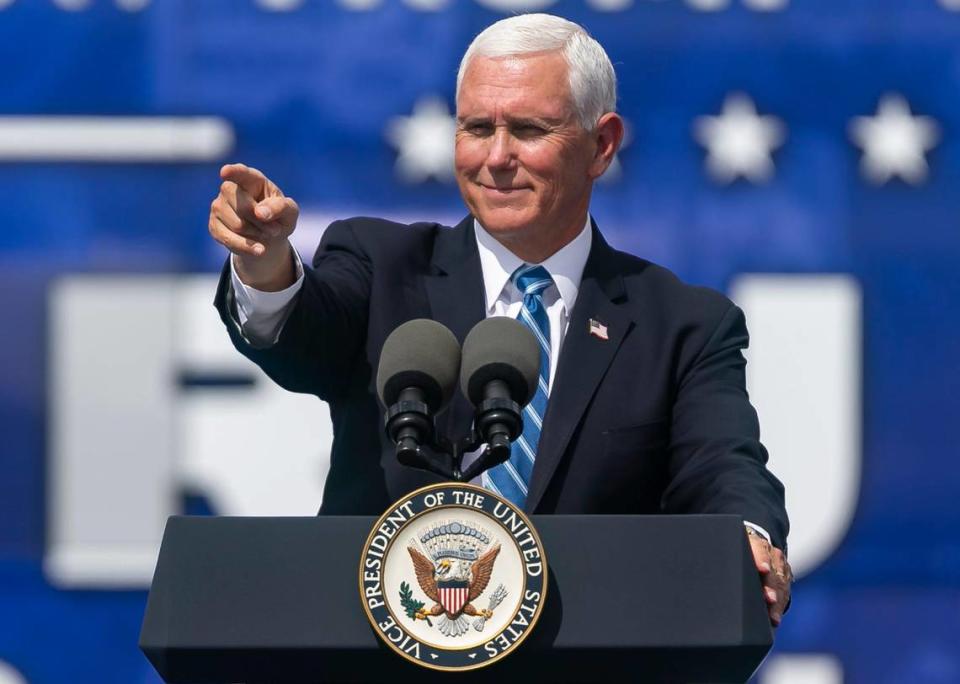 Vice President Mike Pence speaks during a campaign rally near the Cuban Memorial Monument in Tamiami Park on Thursday, October 15, 2020 in Miami, Florida.