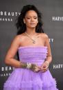 <p>Proving she's just as good at mixing-and-matching as she is wearing 'full look', Rihanna accessorised her custom Molly Goddard gown with a handful of different jewellery designers for the UK launch of her Fenty Beauty line in 2017. Her diamond necklace and earrings were from Chopard, while her glittering flower ring was by sustainable designer Anabela Chan. Other pieces in the mix were diamond rings by Messika and cute ear cuffs by Los Angeles-based jeweller, Anita Ko. </p>