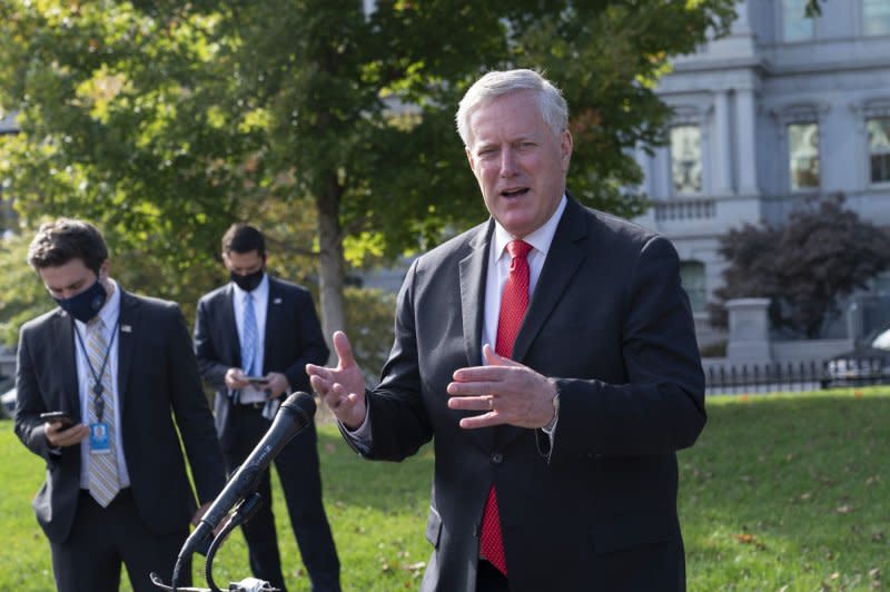 White House Chief of Staff Mark Meadows speaks to the media at the White House in Washington, D.C., on October 21, 2020. On Wednesday, the 11th U.S. Circuit Court of Appeals denied his request for a hearing to consider moving the criminal charges filed against him in Georgia's Fulton County District Court to federal court. File Pool photo by Chris Kleponis/UPI