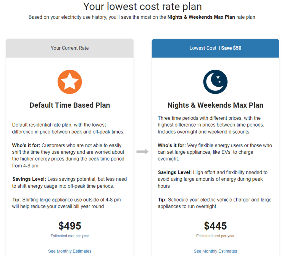 A personalized page on Evergy’s website shows Missouri customers which of the company’s new time-based electricity rate plans will result in the lowest annual bills.