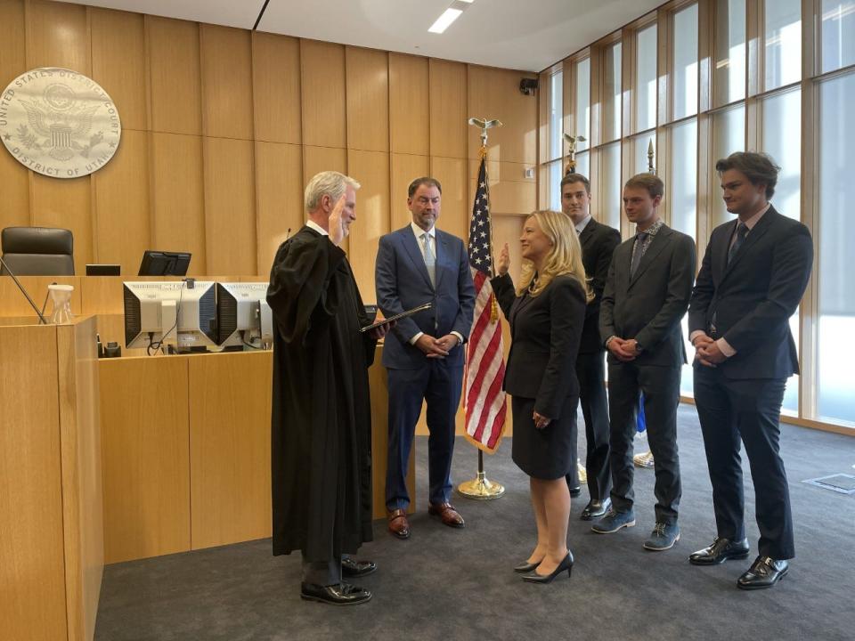 Trina A. Higgins was sworn into office Thursday as the first woman to serve as United States Attorney for the District of Utah.