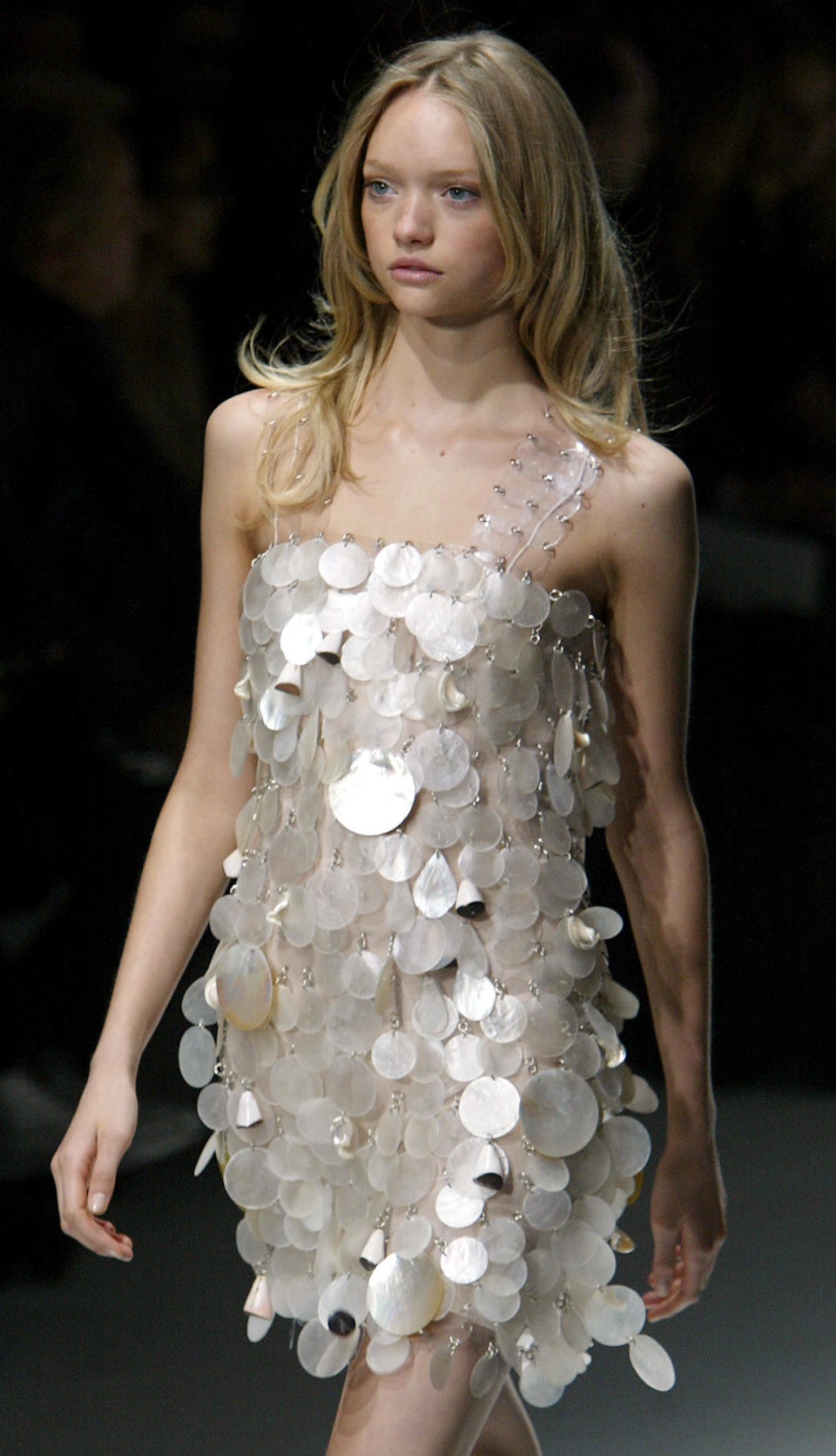 A model presents a creation designed by French fashion designer Rosemary Rodriguez for Rabanne's spring/summer 2005 ready-to-wear fashion collection, Oct. 9, 2004, in Paris.