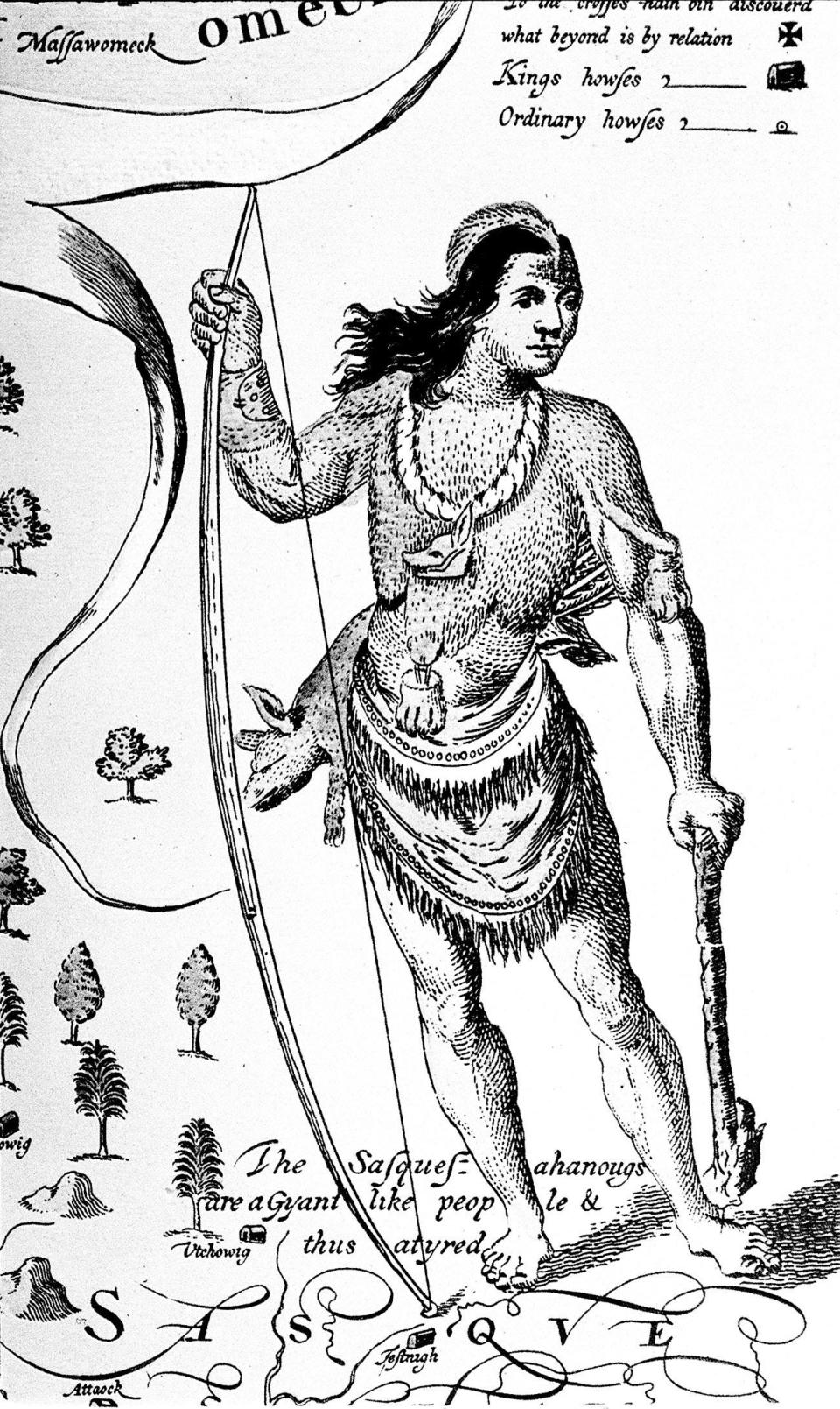 Captain John Smith was an artist as well as an explorer. He drew this Susquehannock tribe member after his visit to the mouth of the Chesapeake Bay in 1608.