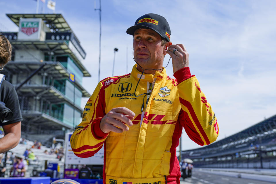 FILE - Ryan Hunter-Reay prepares to drive during practice for the Indianapolis 500 auto race at Indianapolis Motor Speedway in Indianapolis, May 21, 2021. Hunter-Reay, the 2014 Indy winner and 2012 IndyCar champ, will be attempting to make his 16th career start in the 500 on May 26, 2024. (AP Photo/Michael Conroy, File)