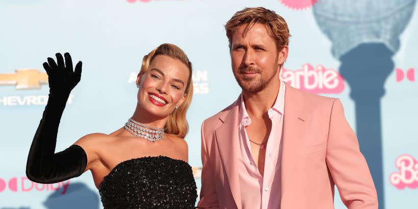 margot robbie and ryan gosling at the premiere of barbie held at shrine auditorium and expo hall on july 9, 2023 in los angeles, california photo by christopher polkwwd via getty images