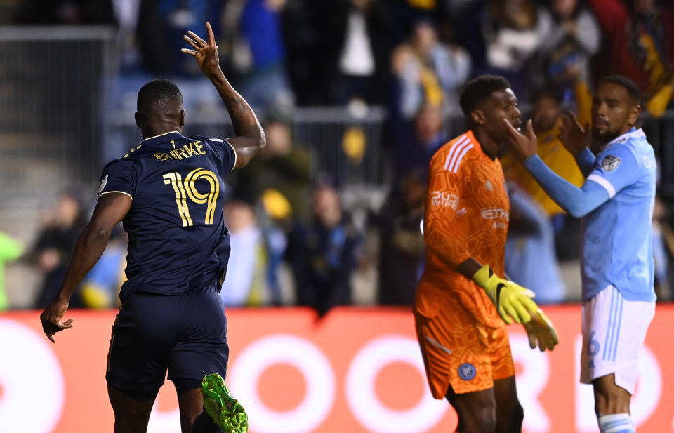 Oct 30, 2022; Philadelphia, Pennsylvania, USA;  Philadelphia Union forward Cory Burke (19) reacts after scoring a goal against the New York City in the second half for the conference finals for the Audi 2022 MLS Cup Playoffs. Mandatory Credit: Mandatory Credit: Kyle Ross-USA TODAY Sports