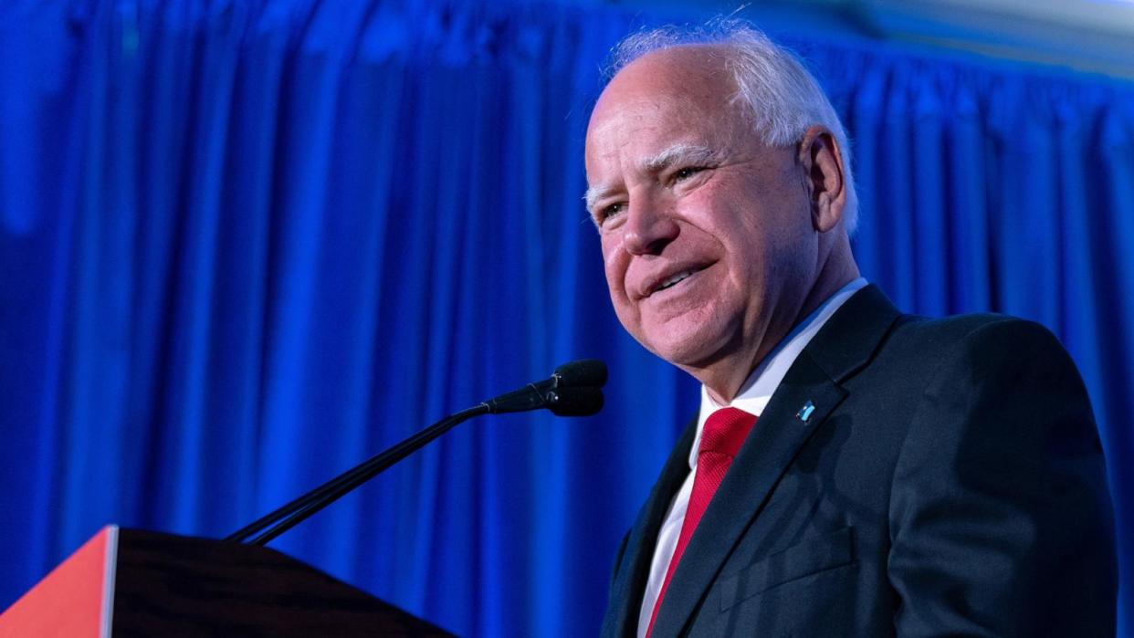 PHOTO: Minnesota Gov. Tim Walz speaks at a Biden-Harris campaign and DNC press conference on July 17, 2024 at venue name in Milwaukee, Wis. (Jim Vondruska/Getty Images)