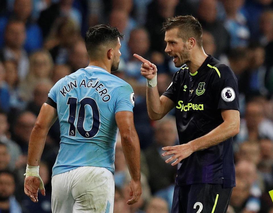 Everton’s Morgan Schneiderlin reacts after a challenge on Manchester City’s Sergio Aguero