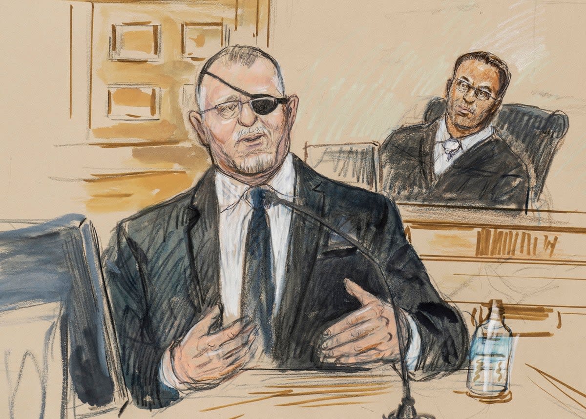 A courtroom sketch depicts Stewart Rhodes with US District Judge Amit Mehta during a seditious conspiracy trial in November 2022. (AP)