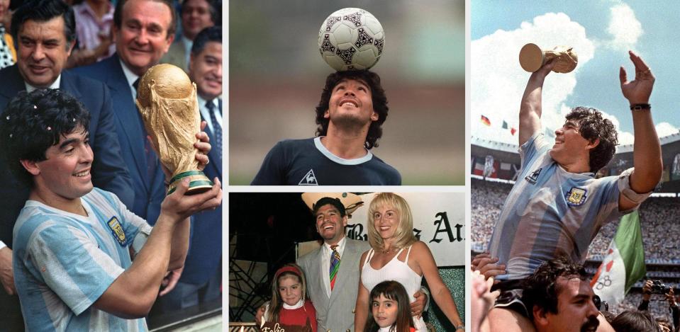 (FILES) Combo of Argentine football legend Diego Maradona at the peak of his career, displaying the World Soccer Cup won in Mexico 86 (L and R), during a training session of Mexico«s World Cup (C-top), and with his family - his then wife Claudia Villafañe and their daughters Dalma y Gianina - on October 1985 celebrating his birthday. Maradona, who came close to death with heart and lung problems last month, was back in intensive care in hospital on May 05, 2004, suffering from indigestion. The 43-year-old 1986 World Cup winning captain was readmitted to the Suizo-Argentina hospital in Buenos Aires where he was treated from April 18 to 29.   AFP PHOTO (Photo by AFP / AFP)        (Photo credit should read AFP/AFP via Getty Images)
