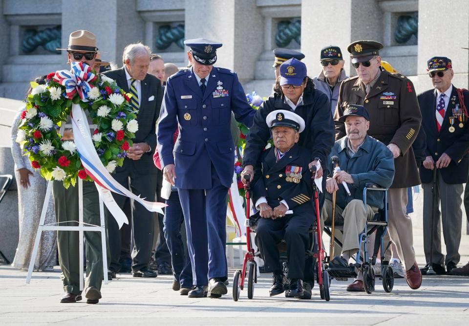 World War II veterans take part in the wreath laying ceremony in 2021 during a Veterans Day event in Washington DC.