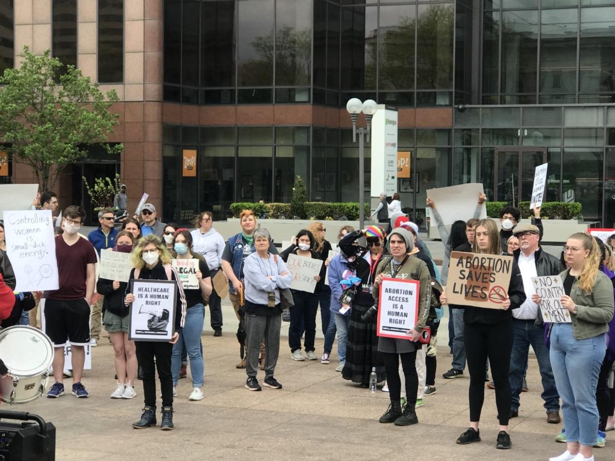 Protesters gather Saturday, May 7, 2022, outside the Ohio Statehouse for a rally in support of Roe v. Wade.