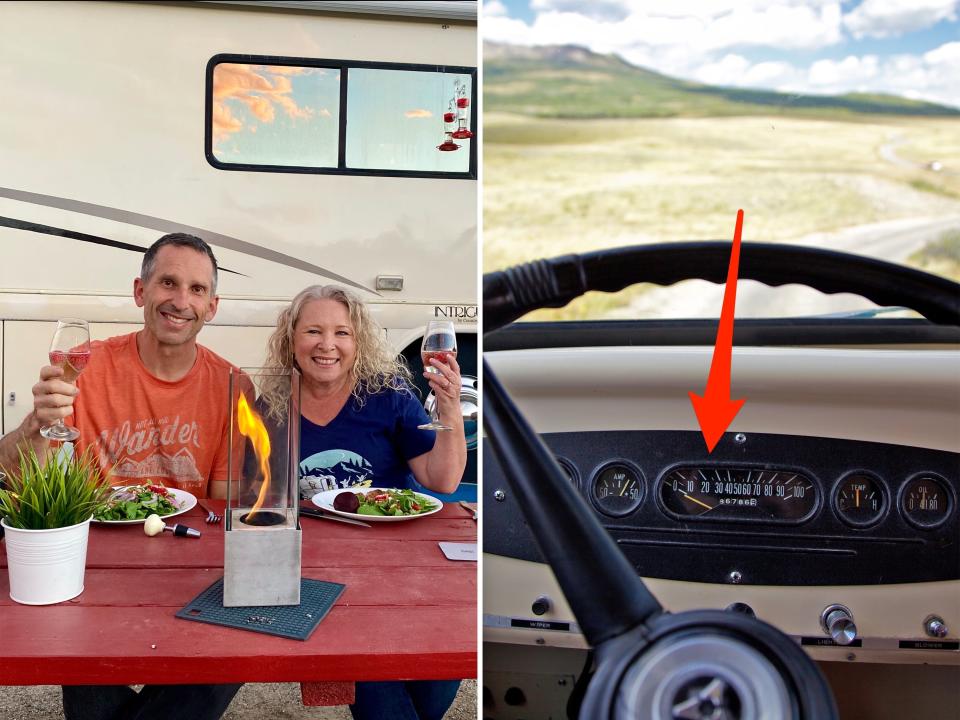 Left: Marc and Julie have dinner at a table outside of their RV; An arrow points to the speedometer on the dashboard