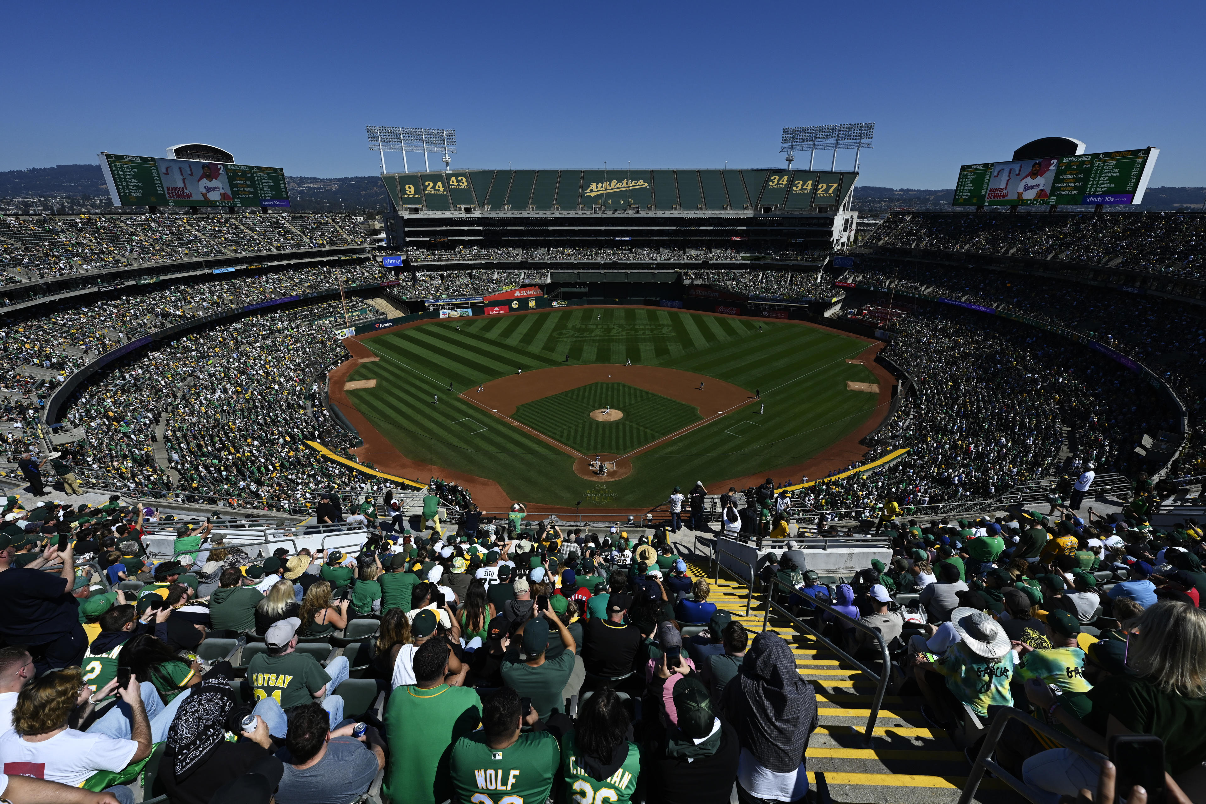 OAKLAND, CALIFORNIA - SEPTEMBER 26: A general view of the ballpark as J.T. Ginn #70 of the Oakland Athletics throws out the first pitch against the Texas Rangers in the first inning at the Oakland Coliseum on September 26, 2024 in Oakland, California. This is the final game to be played by the Oakland Athletics at the Oakland Coliseum as the team will move temporarily to Sacramento before the opening of their new ballpark in Las Vegas. (Photo by Eakin Howard/Getty Images)