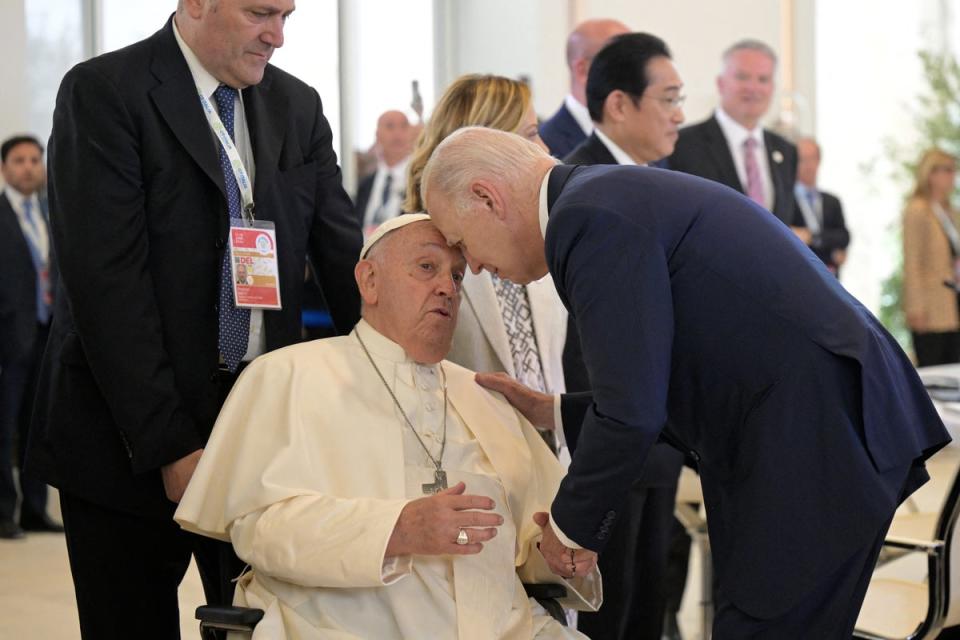 Pope Francis greets US president Joe Biden before a working session on artificial intelligence (AFP/Getty)