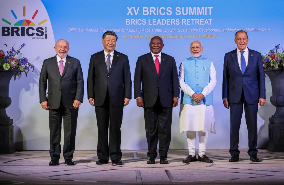 A handout photo made available by Russian Foreign Ministry Press Service shows Brazilian President Luiz Inacio Lula da Silva, Chinese President Xi Jinping, South African President Cyril Ramaphosa, Indian Prime Minister Narendra Modi and Russian Foreign Minister Sergey Lavrov (EPA)